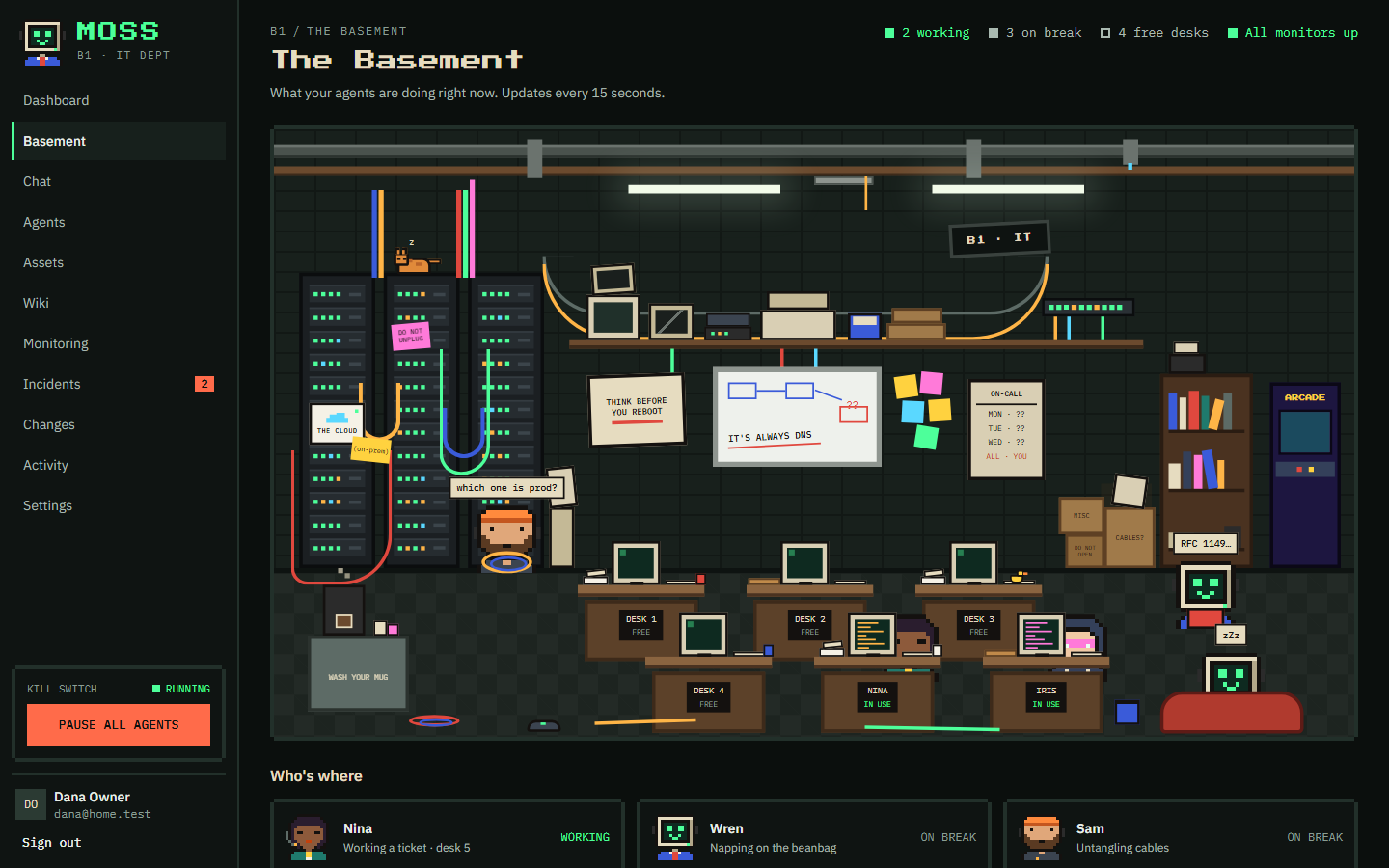 The Basement: MOSS's agents at their desks. Nina is working an incident and Iris a security check, while the others are on a break.