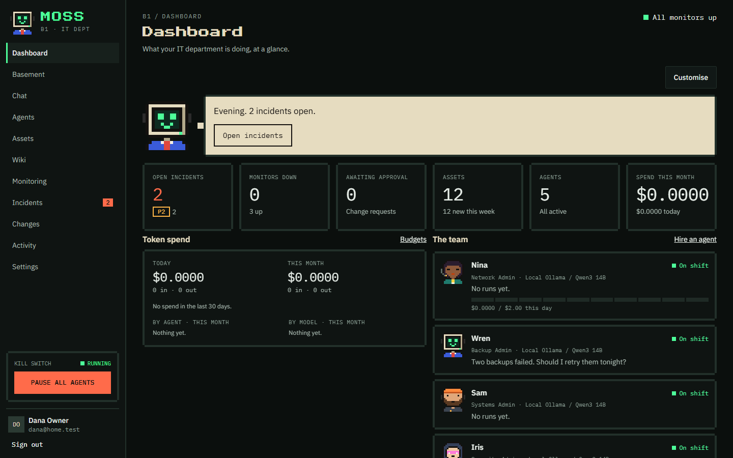 Dashboard: Moss's briefing, counts of open incidents, monitors down, changes awaiting approval, assets, agents and spend