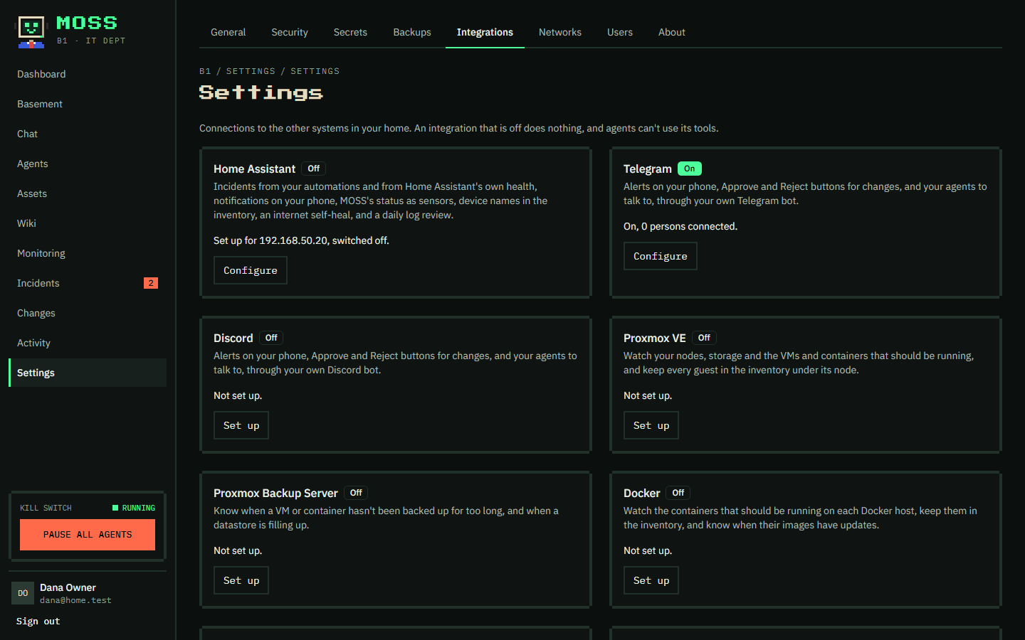 Settings, Integrations: each integration with a switch to turn it on